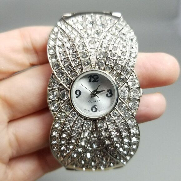 Vintage Rhinestone Encrusted Silver Tone Cuff Bangle Quartz Watch, AS IS - Picture 9 of 9